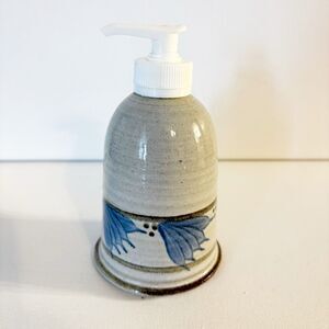 Studio Art Pottery Stoneware Soap Dispenser w/ Pump Natural Beige Blue Signed